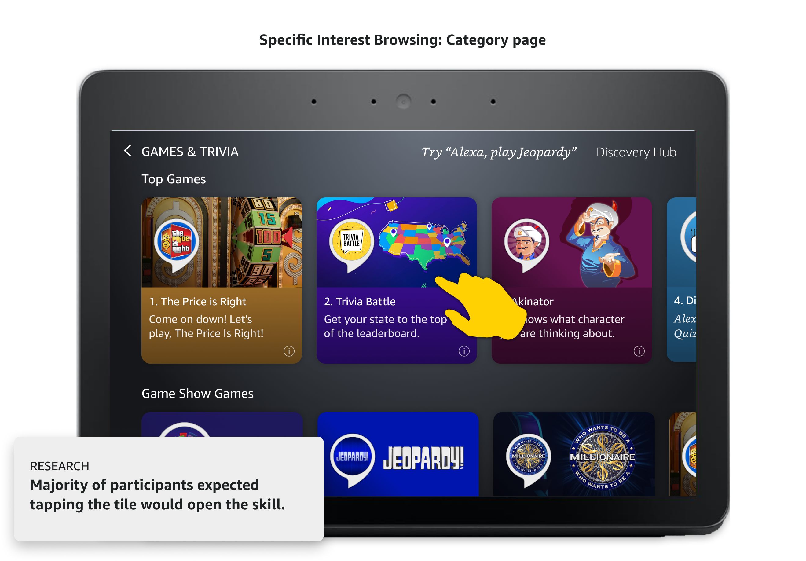 Discovery flow: category page with research note on tapping a tile
