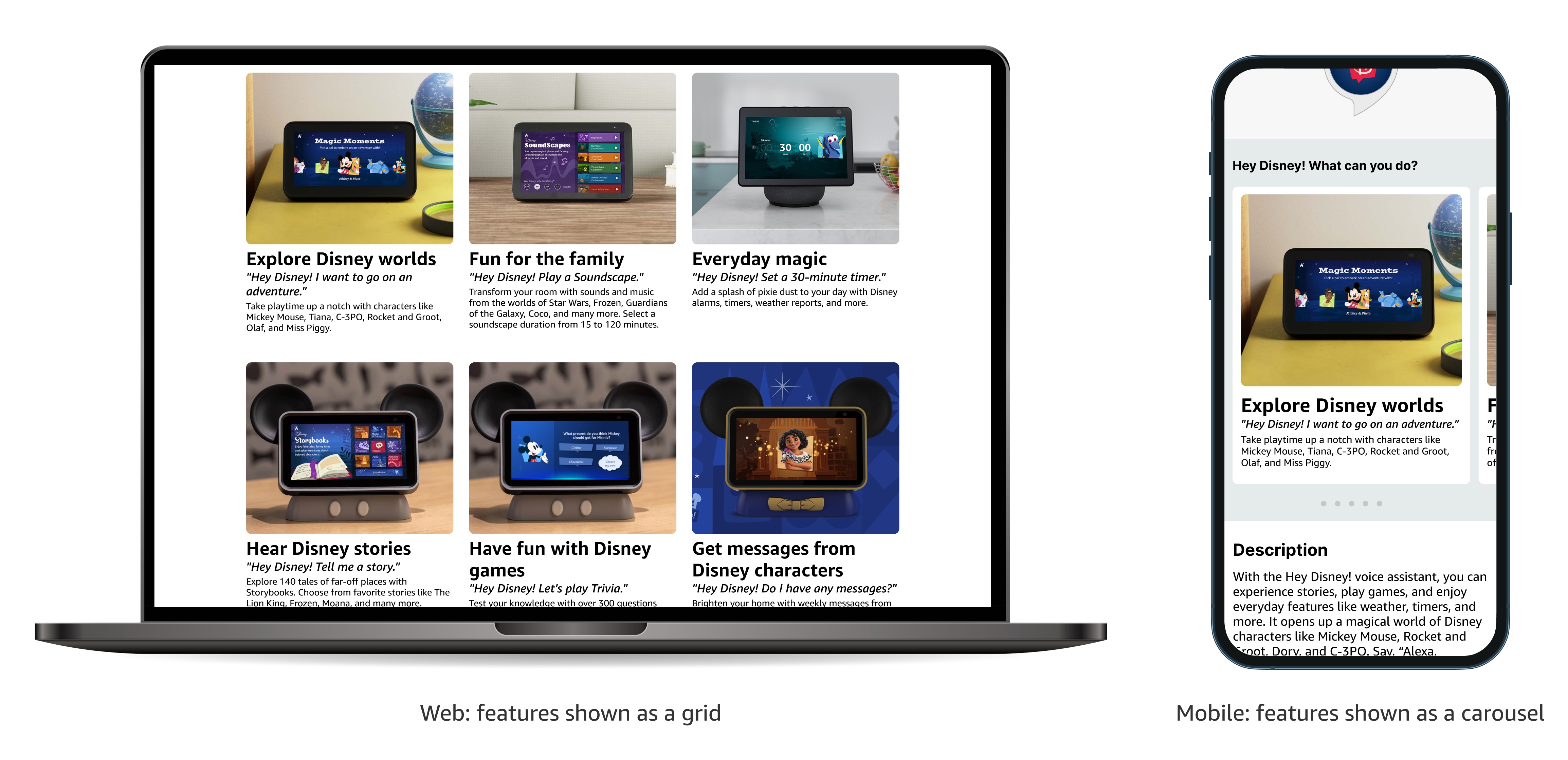 Web and mobile layouts of Hey Disney feature cards
