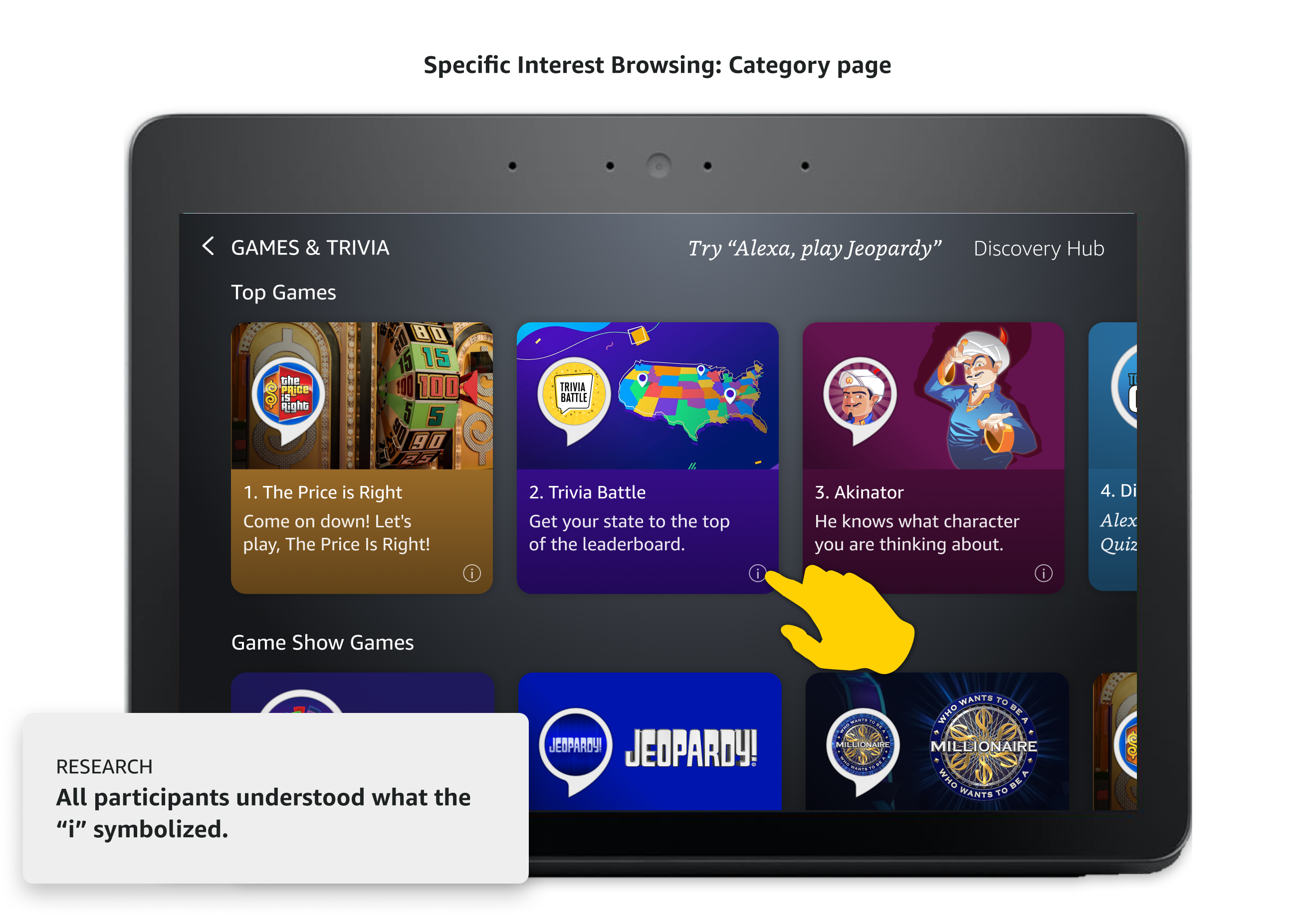 Discovery flow: category page with research note on the info icon