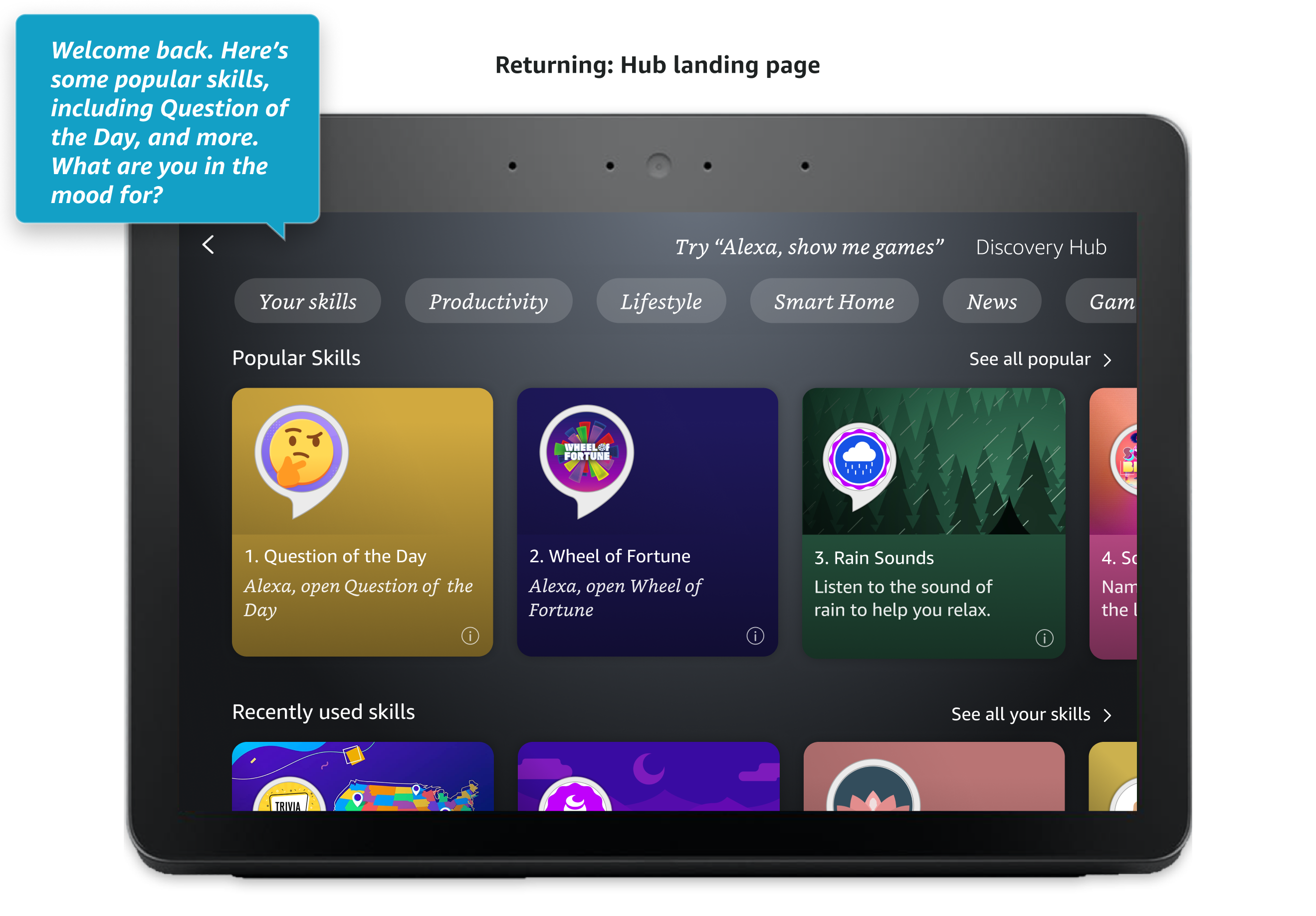 Skill management flow: Discovery Hub landing page with popular skills