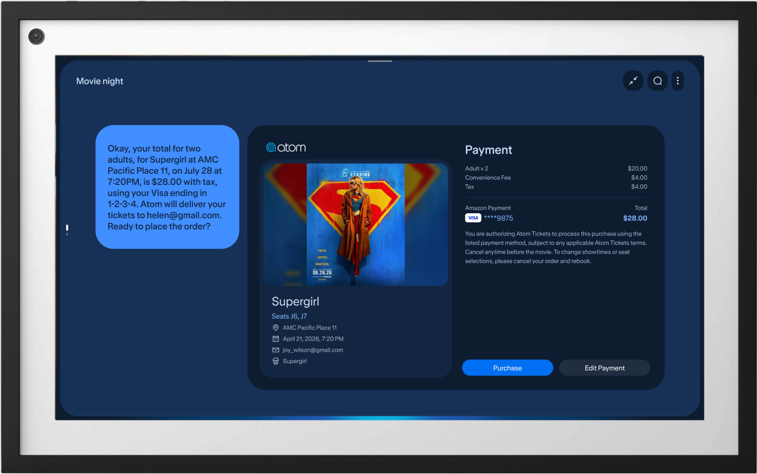 Movie ticket checkout for Supergirl on Atom Tickets via Alexa+