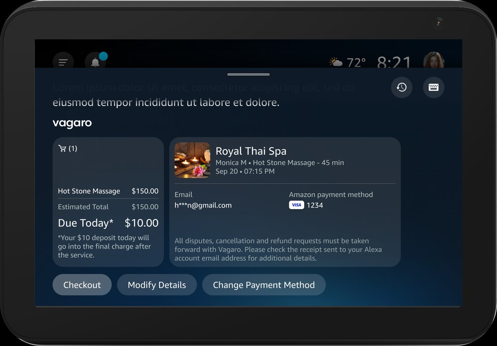 Existing Vagaro spa booking deposit checkout screen on Alexa+