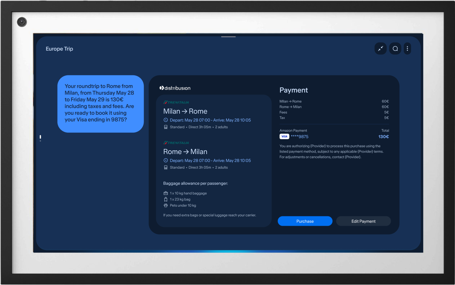 Distribusion train ticket checkout for a Europe trip on Alexa+