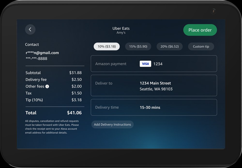 Existing Uber Eats delivery checkout screen on Alexa+
