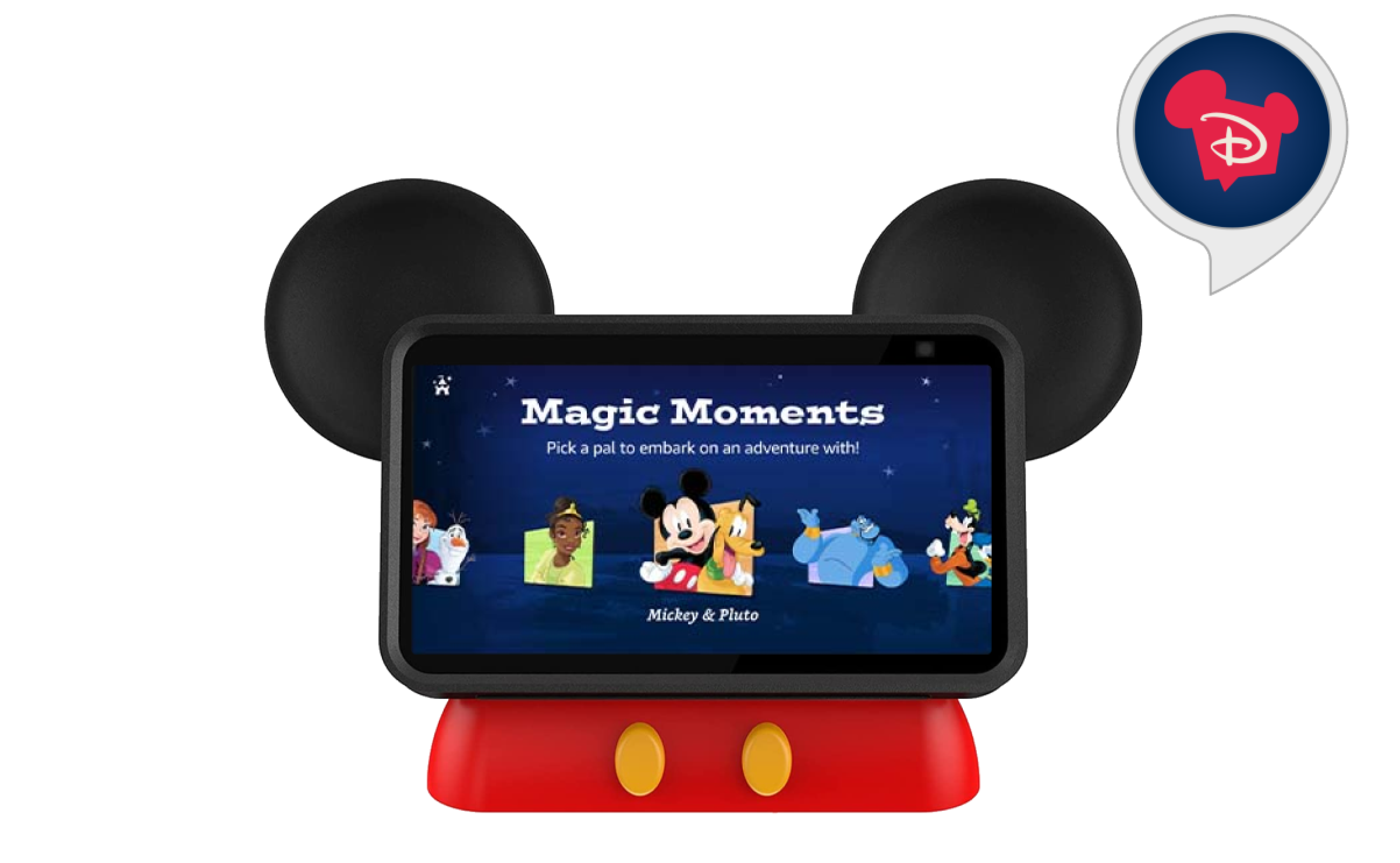 Hey Disney Magic Moments screen on an Echo Show device shaped like Mickey Mouse ears