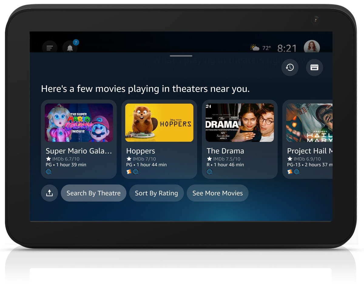 Movie discovery screen showing nearby theater listings on Alexa+
