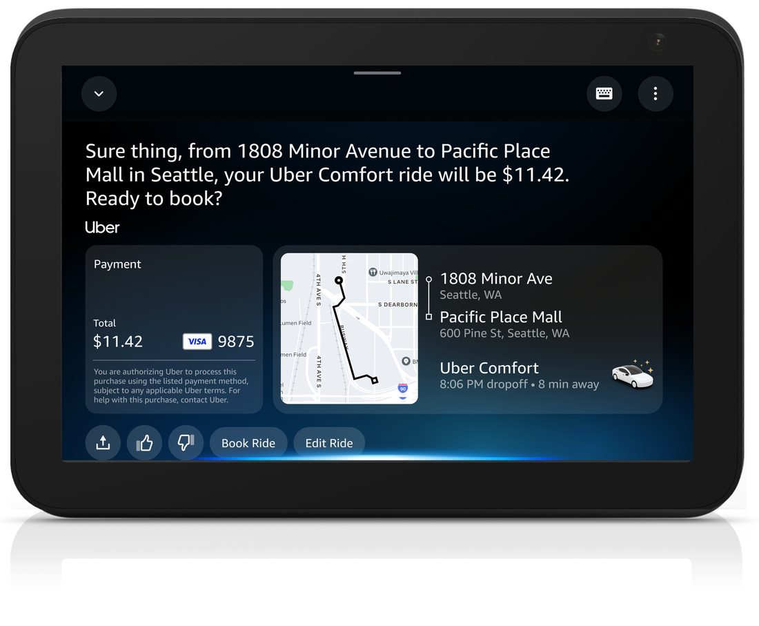 Uber ride confirmation screen on Echo Show, showing route from 1808 Minor Avenue to Pacific Place Mall