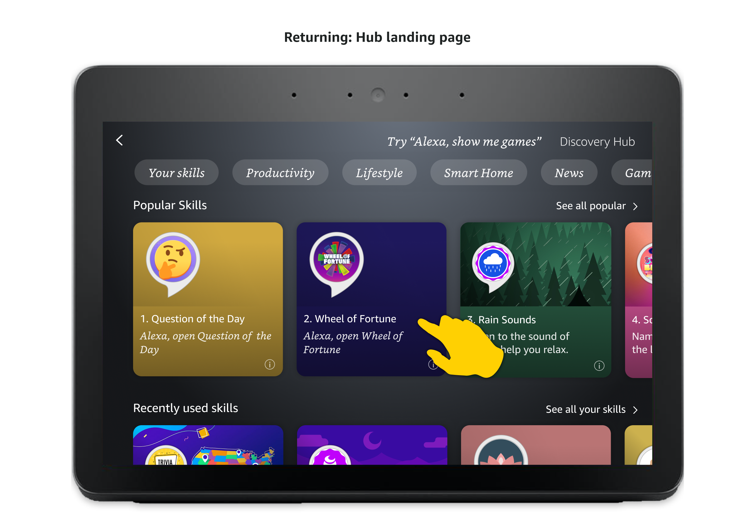 Skill management flow: tapping a skill tile info icon on the Discovery Hub landing page