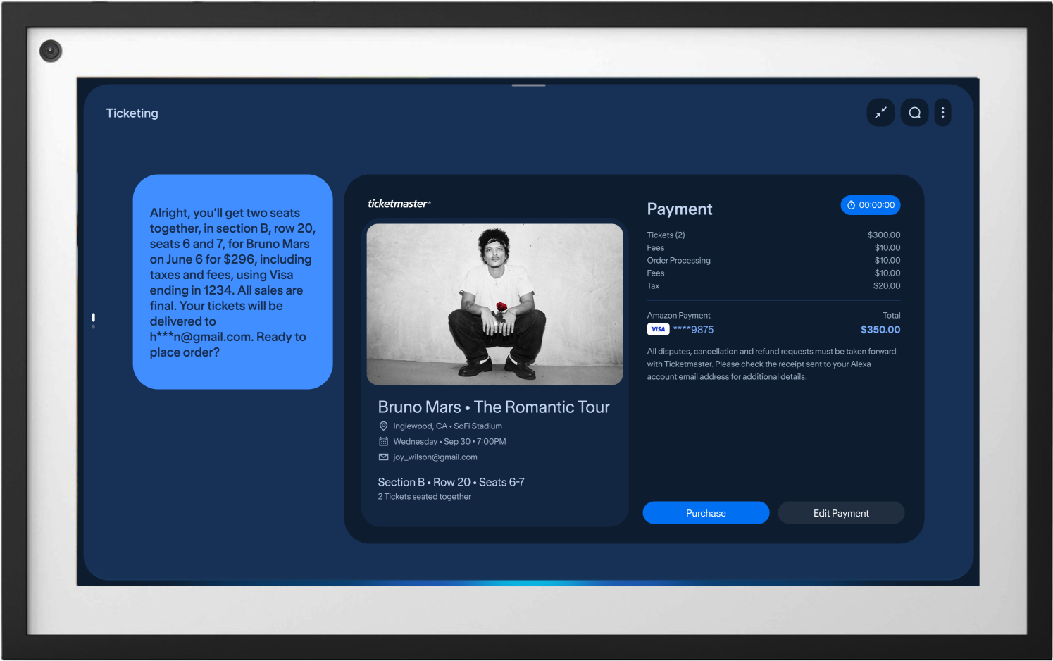 Ticketmaster checkout for a Bruno Mars concert on Alexa+