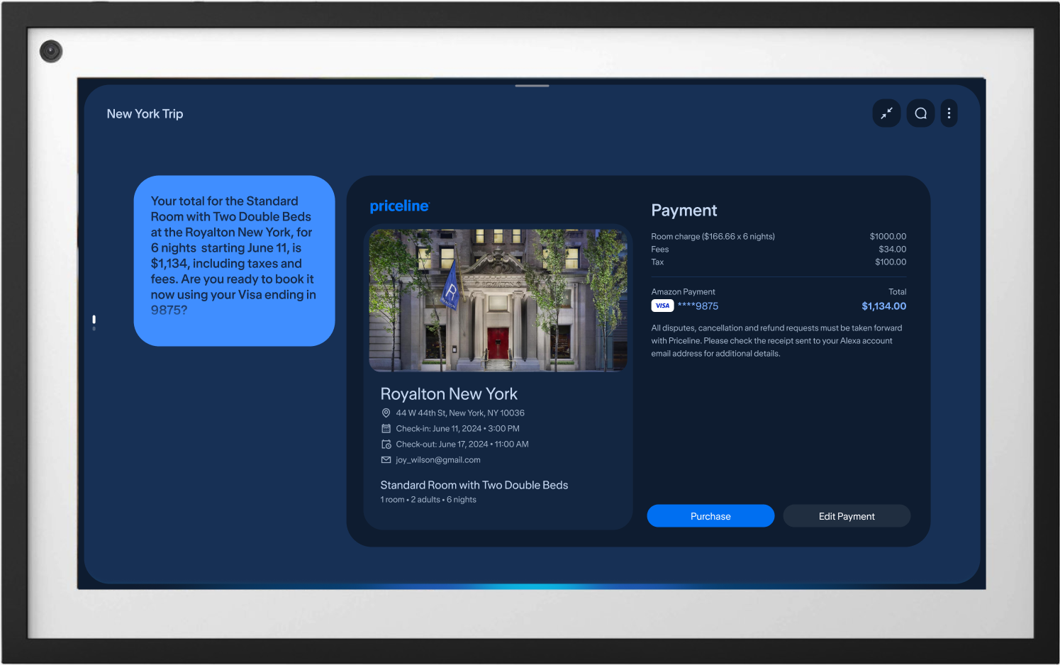 Priceline hotel booking checkout for a New York trip on Alexa+