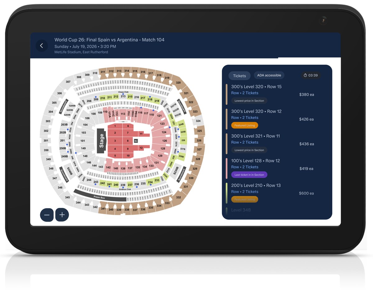 World Cup stadium seat and ticket selection on a smart display