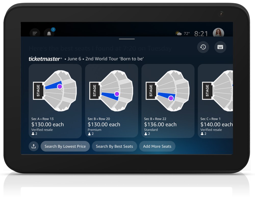 Ticketmaster seat recommendation cards showing section, row, price, and resale status on the Alexa+ display