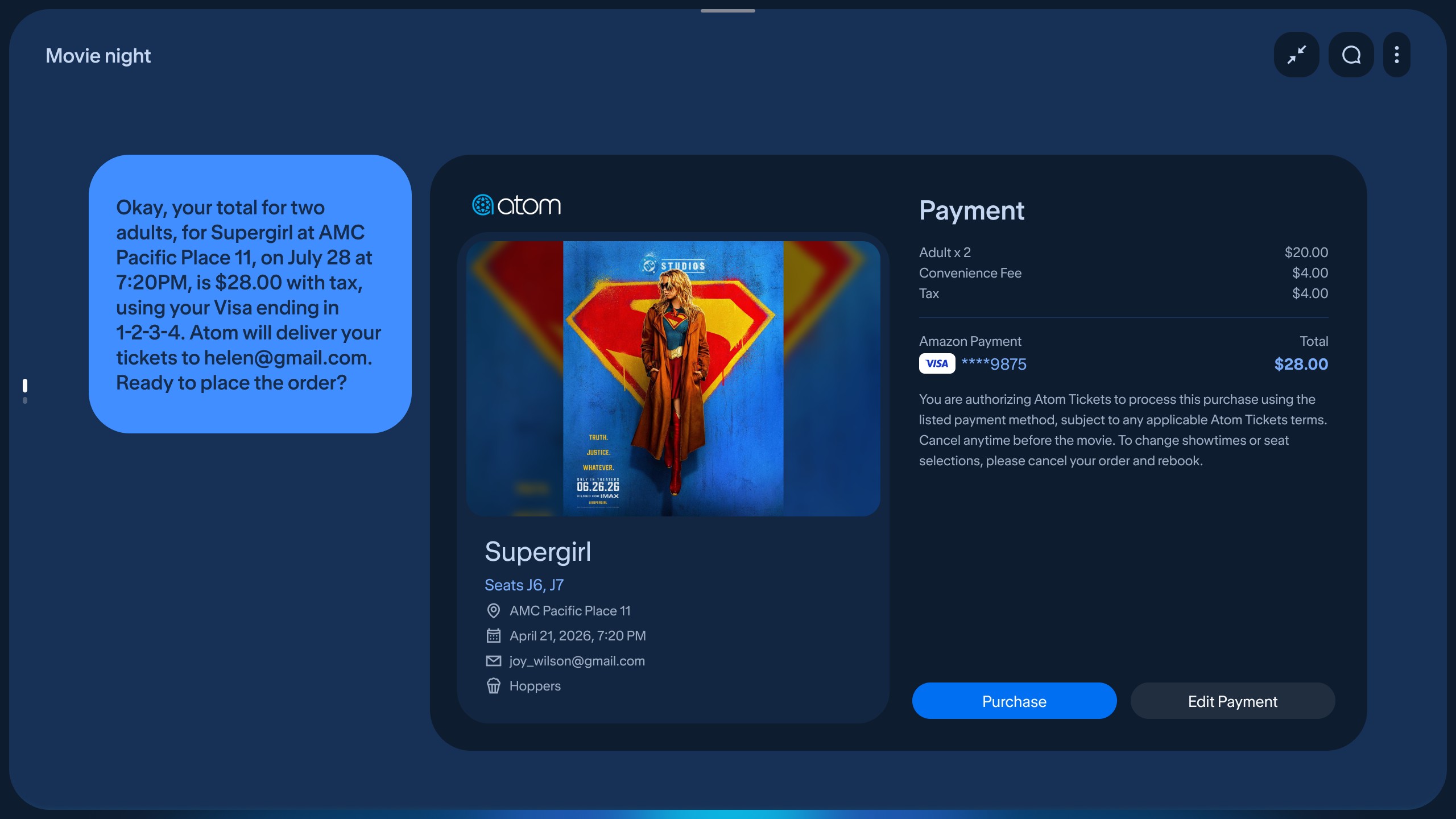 Voice confirmation paired with touch-friendly Purchase and Edit Payment buttons on a movie ticket checkout