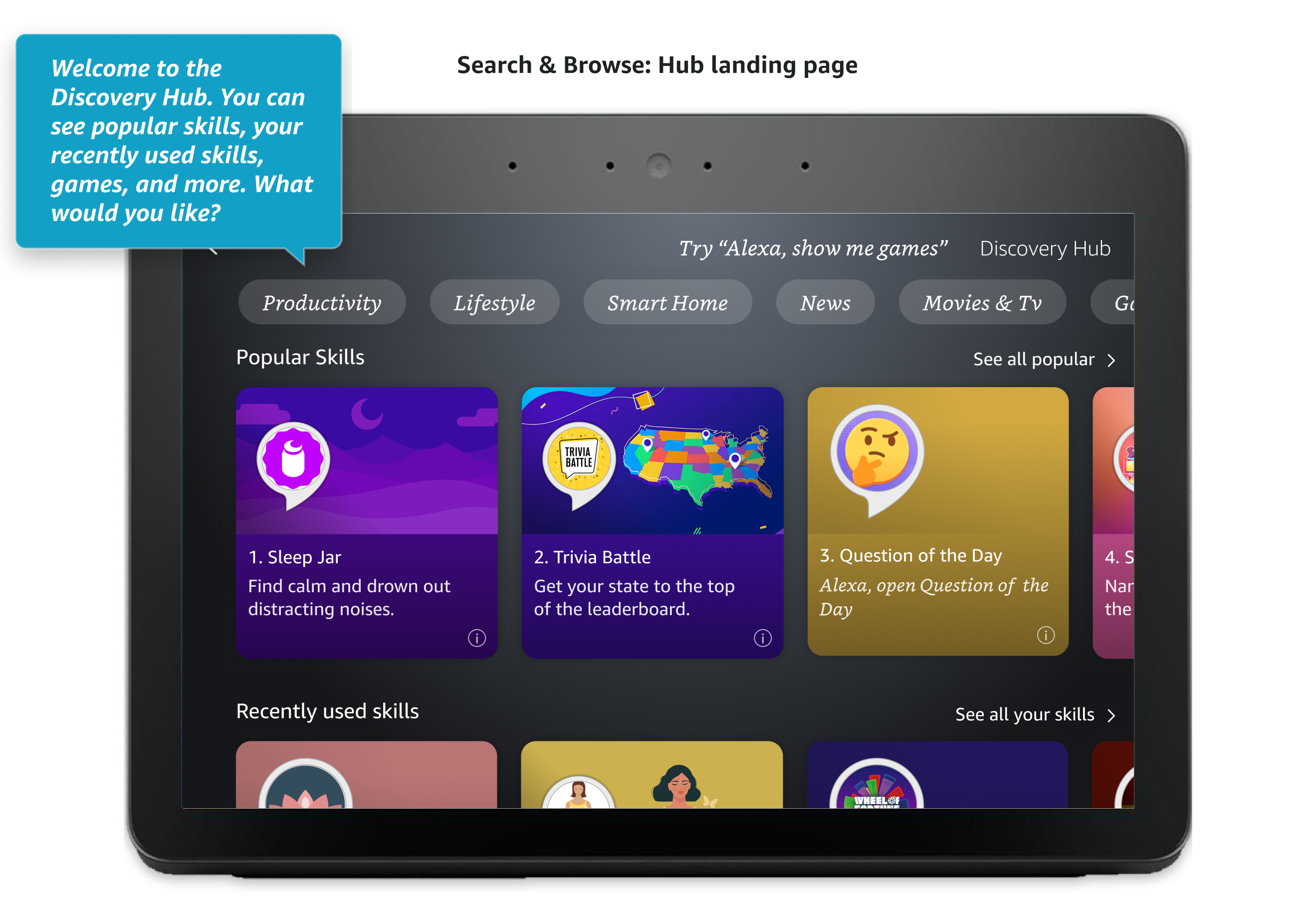 Discovery flow: Discovery Hub landing page with popular skills
