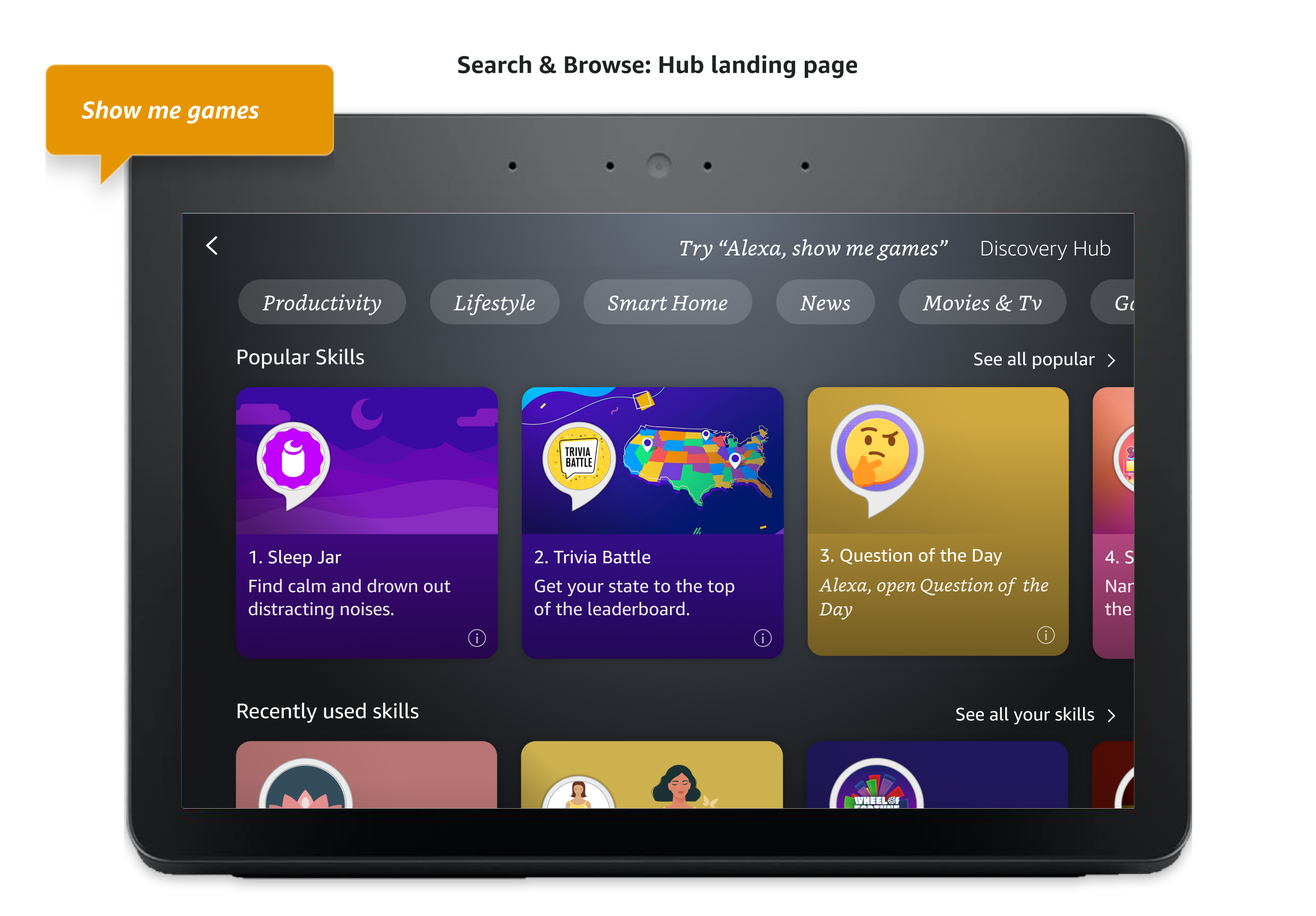 Discovery flow: saying "show me games" on the Hub landing page