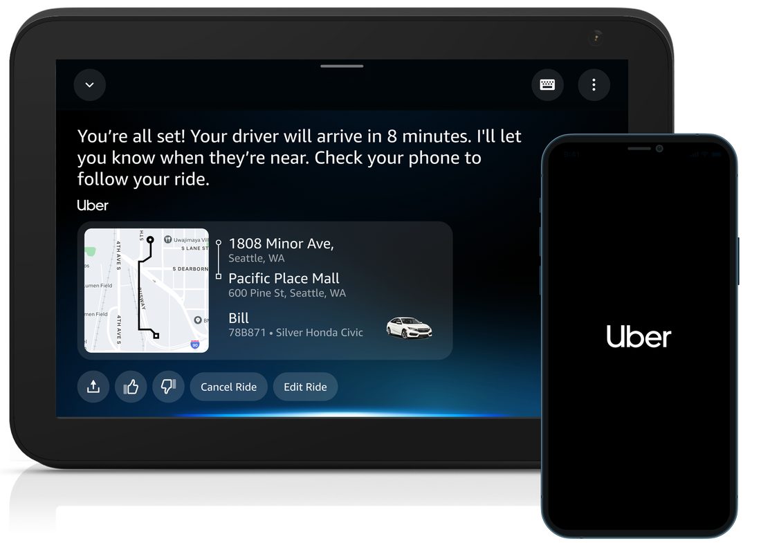 Uber ride tracking handoff between Echo Show and iPhone, showing driver arrival and vehicle details