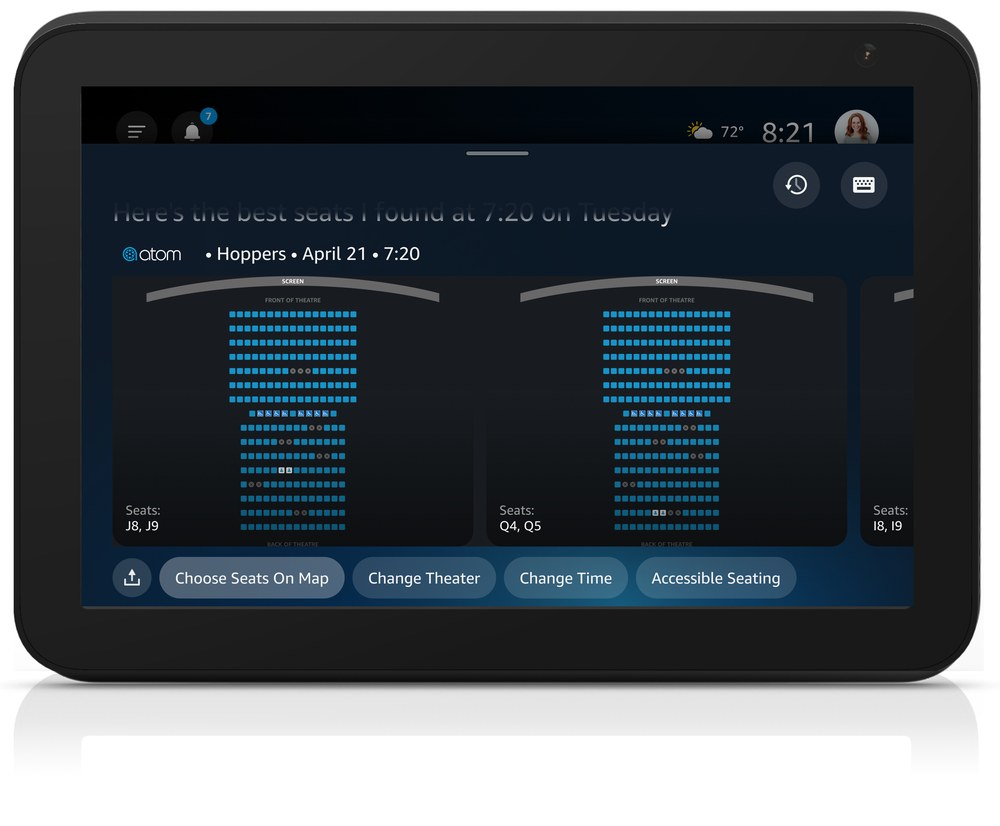 Atom Tickets recommended seat map carousel for a Hoppers showtime on the Alexa+ display