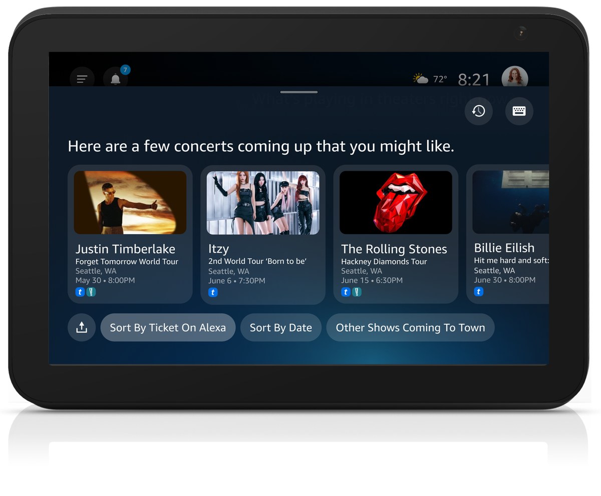 Live event discovery screen showing upcoming concerts on Alexa+