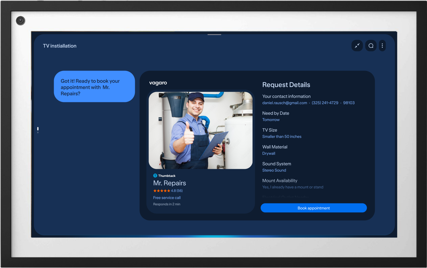 Vagaro TV installation service request on Alexa+