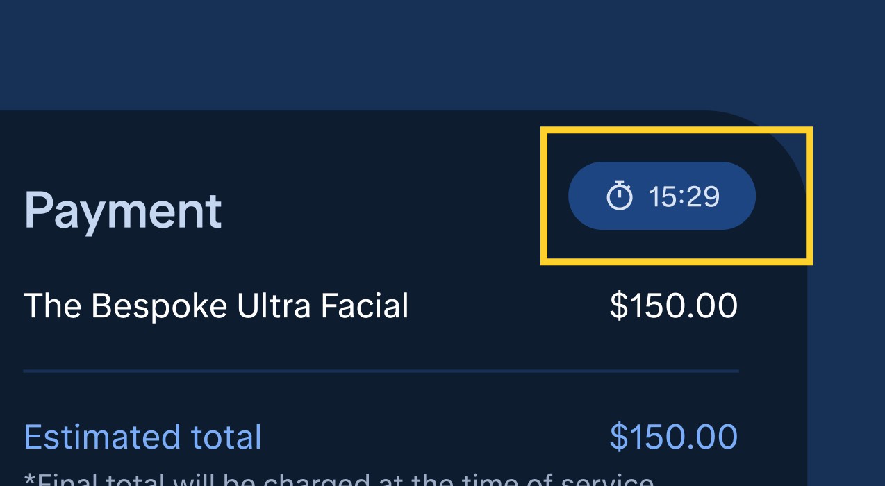 Persistent inventory hold timer badge highlighted on the payment screen