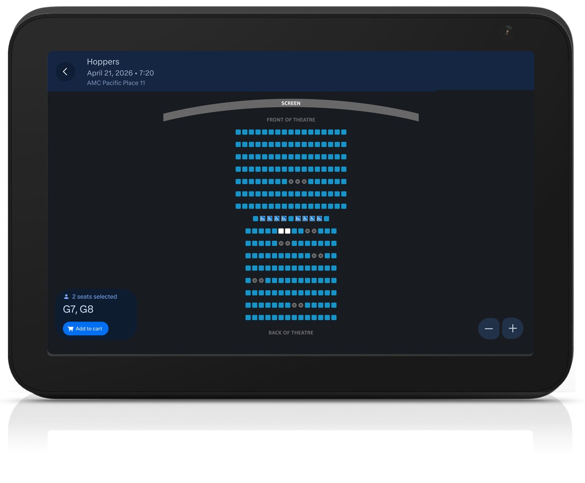 Movie theater seat map for a Hoppers showtime showing available and reserved seats on a smart display