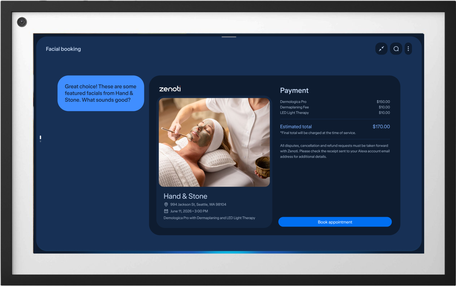 Zenoti facial booking checkout on Alexa+